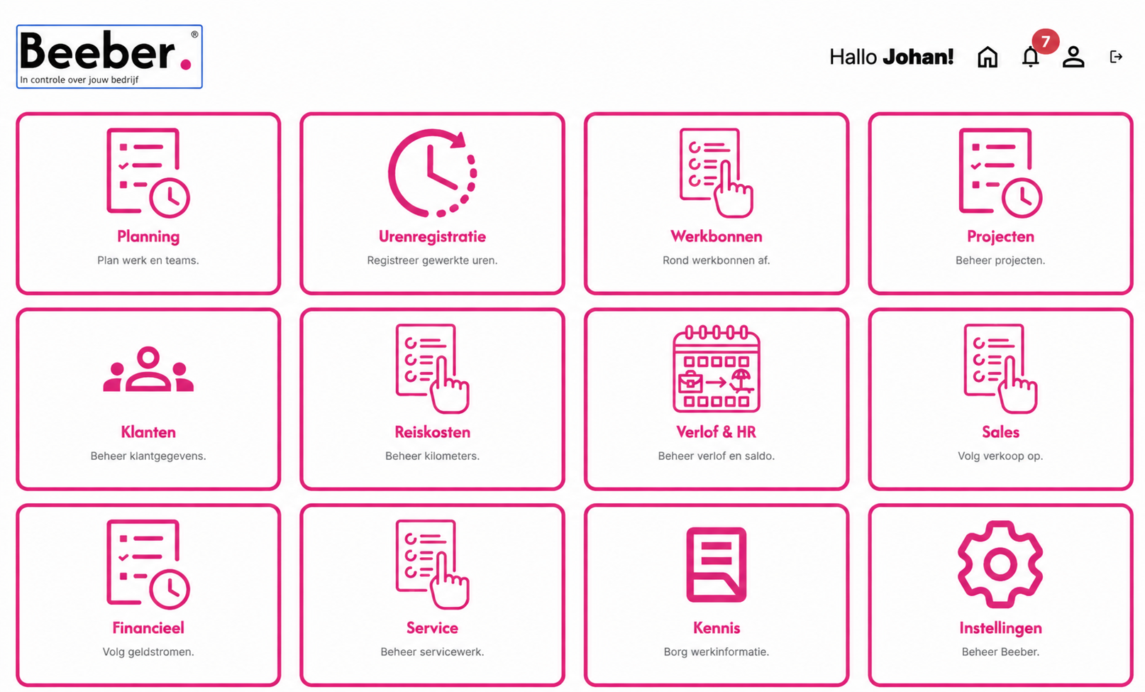 Beeber applicatie met een overzicht van alle beschikbare modules